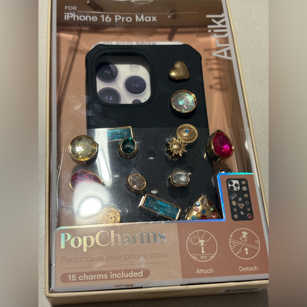 Black Phone Case iPhone 16 Gold Charms